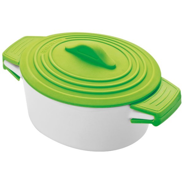 Porcelāna trauks ar silikona rokturi un vāku.